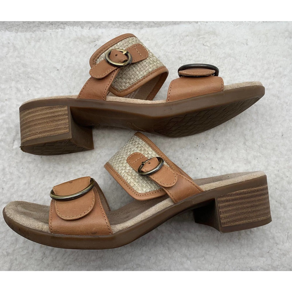 Dansko Debby Wedge Sandals Womens 39 Full Grain Raffia Tan Brown Leather Woven - Picture 9 of 14